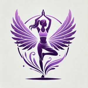 DALL·E 2024-09-04 10.09.35 - Create a high-resolution logo of a female yoga instructor with wings on a white background, using a purple color scheme. The woman should be in a yoga